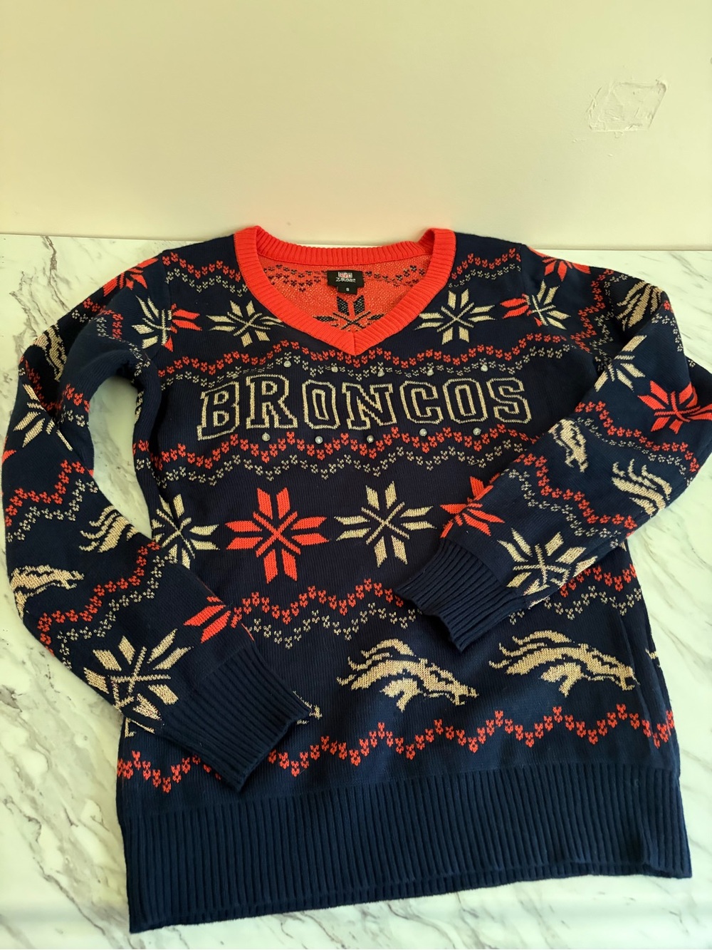 Lights Up! Official NFL Broncos Navy and Orange V‑Neck Holiday Sweater